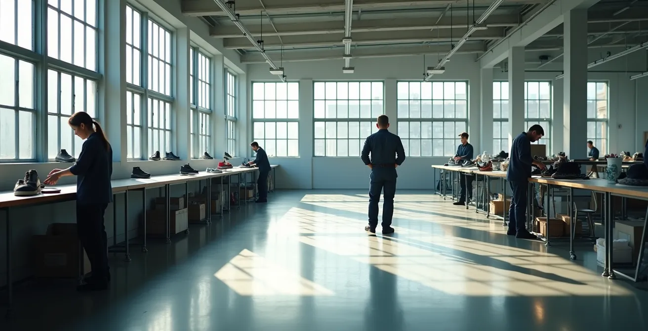 Vue d'ensemble d'un atelier de fabrication de chaussures françaises